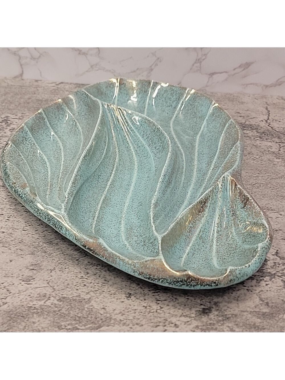 Mid Century Modern California Pottery Turquoise & Gold Leaf Divided Relish Tray - Picture 8 of 11